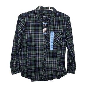 NWT‎ Gap Women’s Large Relaxed Fit Plaid Green & Blue Flannel Long Sleeve Shirt